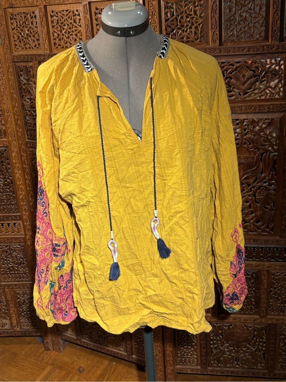 INC International Concepts Mustard Embroidered Peasant Top with Tassels